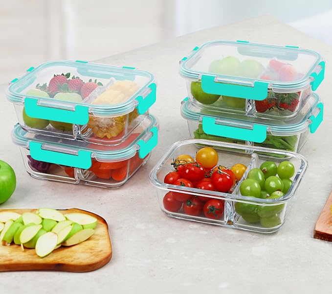M MCIRCO 10 Pack,30 oz, 2 Compartments Glass Meal Prep Containers with Lids | Divided Glass Food Storage Containers, Portion Control Lunch Containers, Microwave, Oven, Freezer, Dishwasher, Green