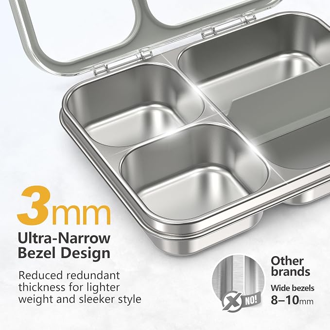 LOHASOK Stainless Steel Bento Lunch Box, 34oz/1000ml,Gray | 3-Compartment, Leak Proof, Lightweight, Clear Plastic Lid, for Kids Adults, BPA/BPS Free, Dishwasher Safe
