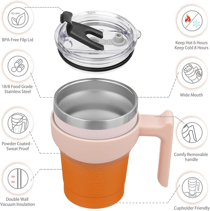 BJPKPK 10 oz Mini Tumbler with Lid, Straw & Handle, Insulated Steel Cup | Small, Spill Proof, Leak Proof, Thermal, Double Wall Vacuum, Sweatproof, Dishwasher Safe, BPA Free, Coral