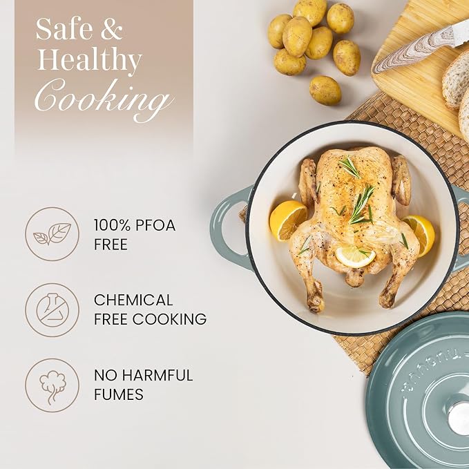 Nuovva Enamelled Cast Iron Dutch Oven Pot with Lid 6.4 Quart Non Stick Casserole Pot-Heavy Duty & Oven Safe up to 500° F for Bread Baking, Braising, Stews, Roasting - 28cm Sea Salt