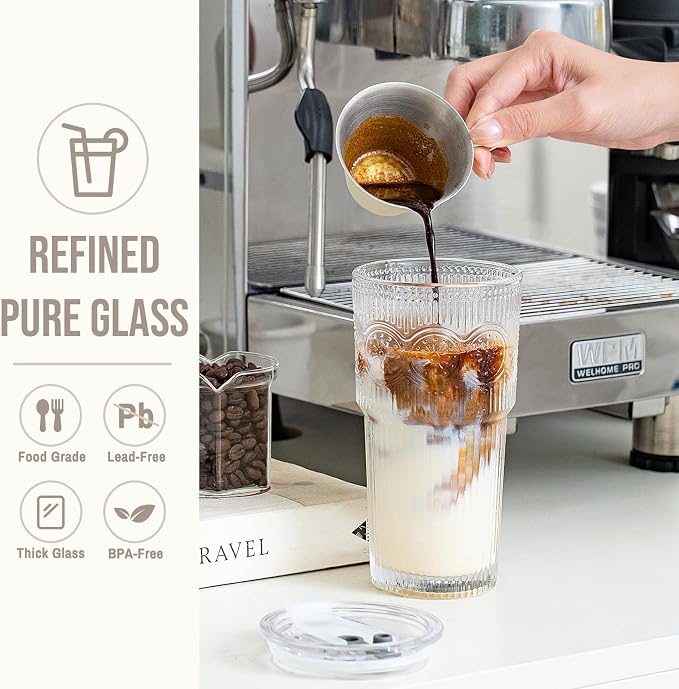 SoulTimes 20oz Ribbed & Floral Glass Tumbler with Lid and Straw – Iced Coffee Glasses Cups for Smoothie, Matcha, Juice, Water etc. Leakproof and Reusable Glassware Drinking for Travel To Go [2Pcs]