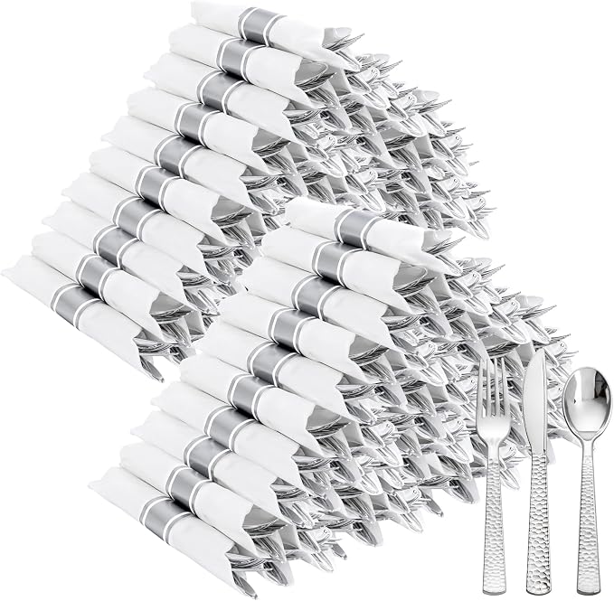 400PCS Silver Wrapped Silverware Set Disposable Hammered for Wedding | Pre-Rolled and Individually Wrapped, 100 Guests, Durable and Sturdy, BPA free, Includes Matching Napkins, for Upscale Dinners