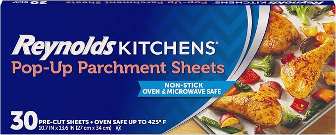 Reynolds Kitchens Pop-Up Parchment Paper Sheets, 30ct | Pre-Cut Nonstick Parchment Sheets, Microwave and Oven Safe Up to 425F, Easy Cleanup, Fits Standard Pans, 10.7 x 13.6 in