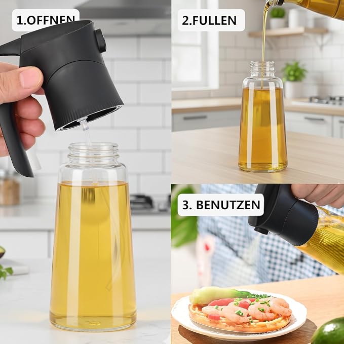NYXVAULT，A 300ml glass olive oil spray bottle, with precise dosage control, works as a practical kitchen，air fryer tool for salads, frying, grilling (Black)