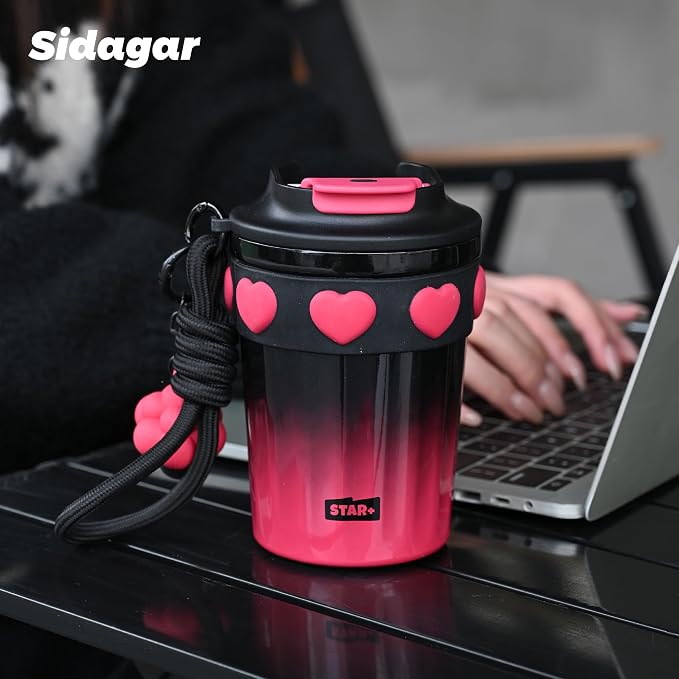 SDGA+ 12 OZ Travel Coffee Mug with Lid Spill Proof Leak Proof, Stainless Steel Thermal Coffee Tumbler for Hot and Cold, Resuable Insulated Coffee Cup For Women, Black and Pink