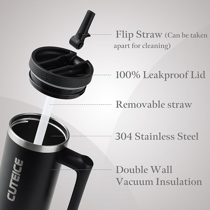 100% Leakproof Iced Travel Coffee Tumbler with Lid and Handle 30 oz Black Flip Straw Water Bottle for adults Dishwasher Safe Insulated Stainless Steel Water Cup for Car Office Black
