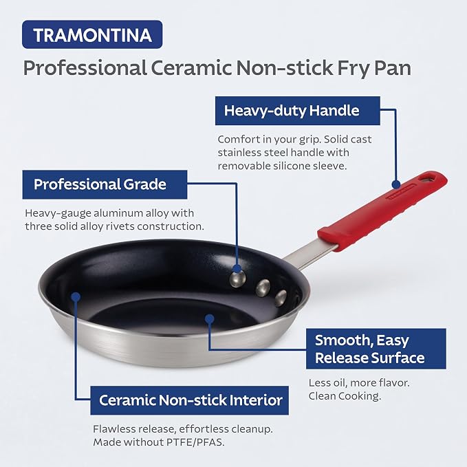 Tramontina Professional 8-Inch Ceramic Non Stick Small Frying Pan | Heavy-Gauge Aluminum Skillet with Ceramic Nonstick Coating, Dishwasher and Oven Safe, Black, Made in Brazil