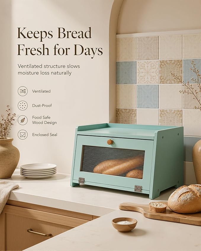 Bread Box for Kitchen Countertop: Large Capacity Farmhouse Bread Bin with Acrylic Window, Storage Container for Homemade Bread, Large Bread Holder for Kitchen Counter, Pantry Shelf