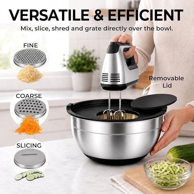 Stainless Steel Mixing Bowls with Lids Set Nesting Metal Prep | 201 steel bodies silicone non-slip base seperate lids 3 grater slicer blades for baking meal prep salads and marinating