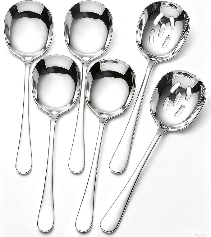 6-piece Serving Spoons, 18/8 stainless steel, Large Buffet Serving Spoon, 2 Slotted Spoons & 4 Solid Spoons, Heavy Duty 304 Stainless Steel Tabletop Flatware Utensil for Banquet, Cooking, and Kitchen