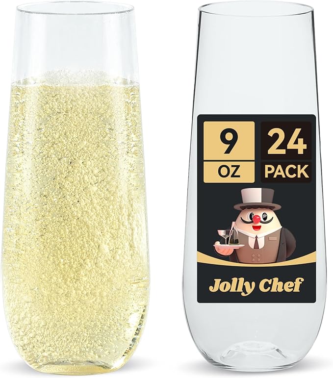 JOLLY CHEF 24 Pack 9 oz Stemless Plastic Champagne Flutes Crystal Glasses | Clear Stemless Plastic Toasting Glasses, Disposable Unbreakable Drinkware Ideal for Wedding, Birthday, Party, Thanksgiving