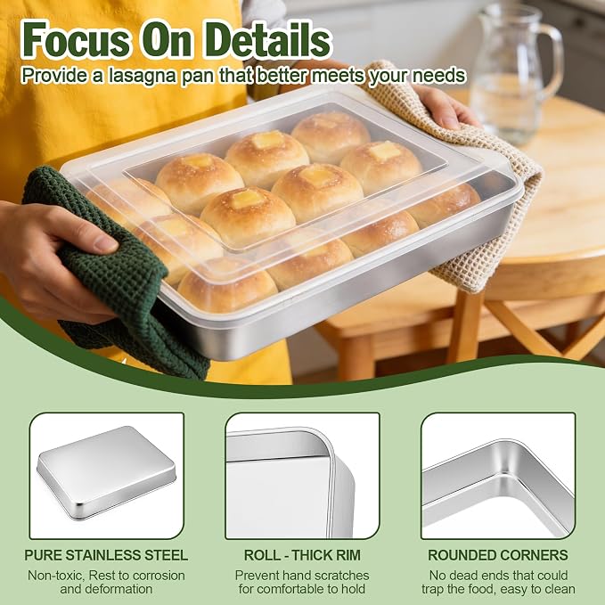 TeamFar Baking Pan with Lid, 12.5"x9.8" Rectangule Cake Pan- 1Pan + 1Lid | Stainless Steel Lasagna Pan with Cover for Cake Brownie Casseroles, Birthday Party Outdoor, Healthy, Oven & Dishwasher Safe