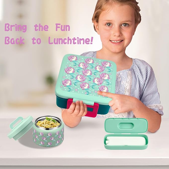 JXXM Bento Lunch Box for Kids with 8oz Soup Thermo,Leak-Proof Lunch Containers with 5 Compartment,Thermo Food Jar Food Containers for School (Blue-Unicorn)