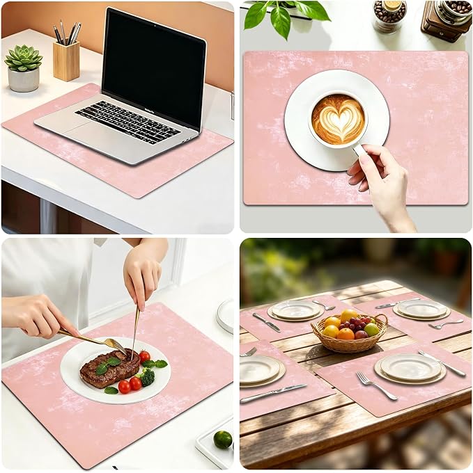 Faux Leather Placemats Set of 4, 11.8"x17.7", Rose Pink | Reversible Table Mats, Waterproof, Stain & Heat Resistant, Easy Clean for Dining, Gatherings, Outdoor