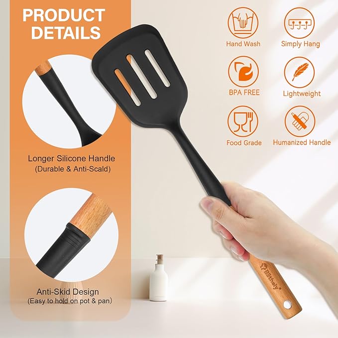 4PCS Silicone Cooking Utensils Set, Large Nonstick Spatula Spoons Set with Wooden Handle, Silicone Cooking Spatula Set, Heat Resistant Solid and Slotted Turners, Serving Spoon(Black)