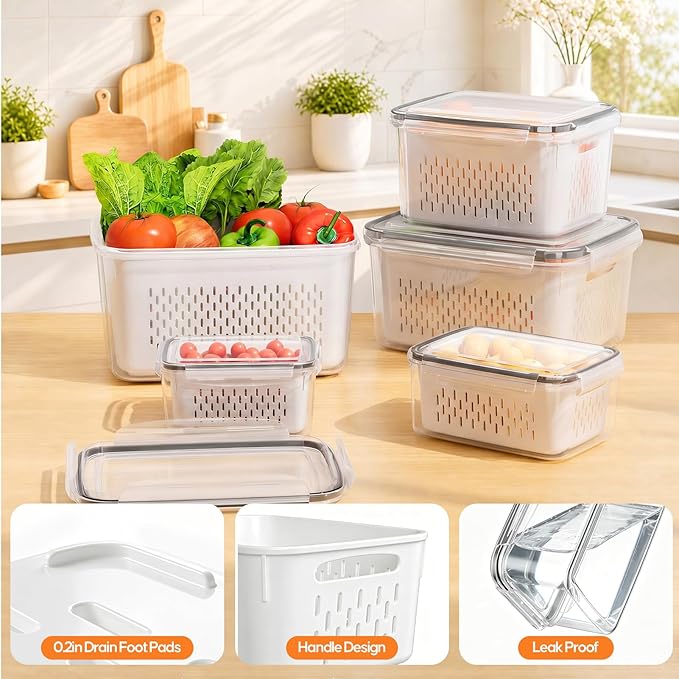 JSCARES Fruit Storage Containers for Fridge - 5 Pack Produce Storage Containers with Removable Colander, Food Organization Keep Fruits Berry Veggie Salad Meat Fresh Longer, Dishwasher Safe