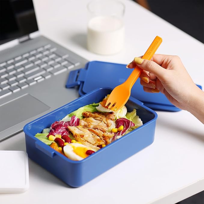 Stackable 2-Tier Adult Bento Box, 4 Compartments - Classic Blue | leakproof sauce cups, utensil set included, microwave & dishwasher safe, 7 colors available, ideal for work/school/picnic
