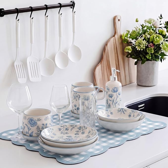 Blue Gray Scalloped Gingham Coffee Mat 12" x 20" | Absorbent Bar Mat Gingham Espresso Matt with Non Slip Rubber Backing for Coffee Countertops