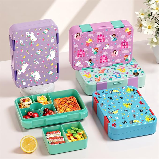 Bento Lunch Box for Kids, 5/6 Compartments, Purple Patterned | Dishwasher Safe Back to School Snack Bento Lunch Containers Boxes, Ideal Portion Sizes for On-the-Go Meal, Ages 3+, School