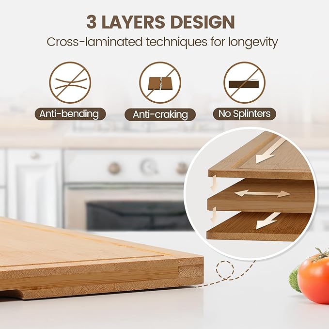Kikcoin Bamboo Cutting Boards for Kitchen, Extra Large Wood Cutting Board with Rotating Kickstand & Juice Groove, Wooden Chopping Board for Meats Veges Fruits, Heavy Duty Serving Tray, 17 x 11.3 inch