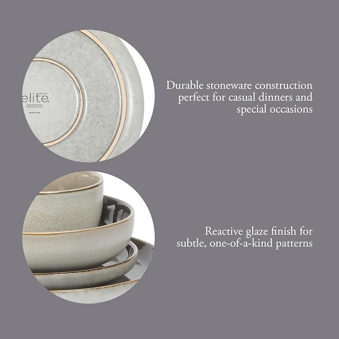 Gibson Elite Sunveil 16 Piece (Service for 4) Plates and Bowls Reactive Glaze Round Dishes Stoneware Ceramic Dinnerware Set - Light Taupe