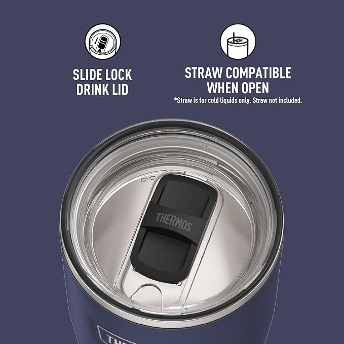 THERMOS Icon Series 24oz Stainless Steel Tumbler with Slide Lock Lid, Leakproof, Fits Cupholder, Dishwasher Safe, Griptec™ Non‑Slip Base, Keeps Drinks Hot 6 Hrs/Cold 22 Hrs, Mystic Navy