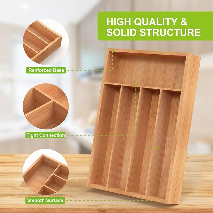Unibambou Bamboo Silverware Drawer Tray, Kitchen Flatware Cutlery Organizer | 5 slots kitchen storage tray, Natural Bamboo Material, Perfect organizer for flatware cutlery utensils, 9.8"W x 13.8"D x 2"H