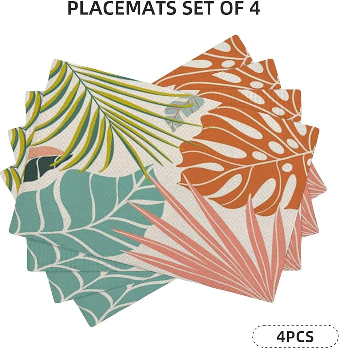 Palm Leaf Placemats Set of 4, Green Blue Coral Tropical Leaf Decorative Table Mat 12 x 18 Inch Heat Resistant Non Slip Line Fabric Summer Place mat for Holiday Party Kitchen Dining Decor