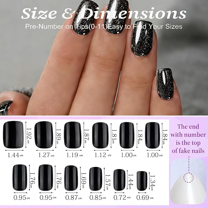 Black Press On Nails Square,Glitter -Short with Nail Glue | Apply Protective UV coating, 2+Weeks wear, Salon Quality Nails in 12 Sizes - 24 Nail Kit with Glue