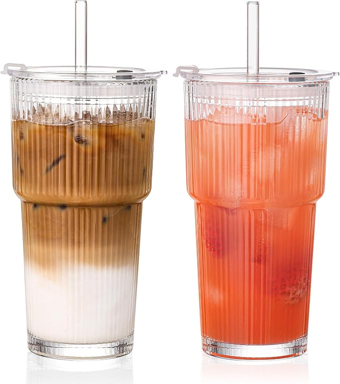 20oz Iced Coffee Cups with Lids, Ribbed Glass Cups with Lids and Straws | Thick Reusable Glass, Leak-Resistant Lids, Fits Most Car Cup Holders, For Iced Coffee, Tea, Smoothies and Cold Drinks