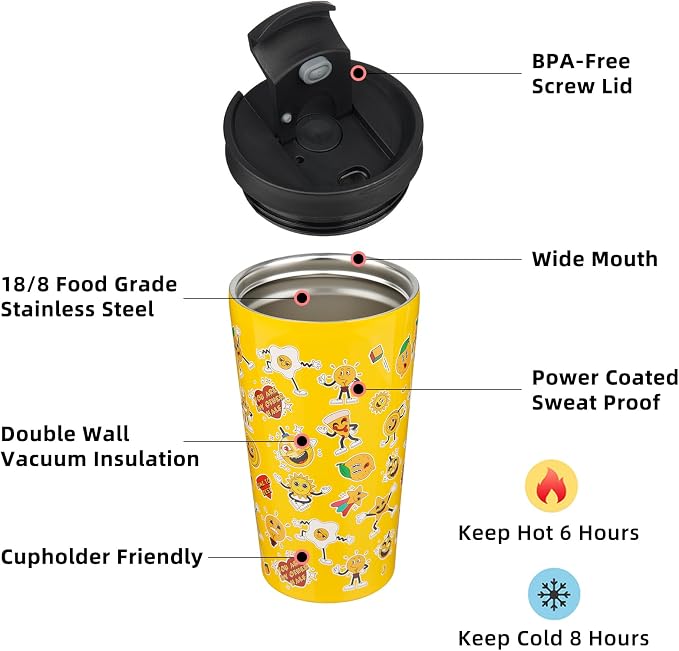 BJPKPK 18 oz Coffee Tumbler with Straw, Insulated Stainless Steel Cup | Double Wall Vacuum, Leak Proof, Keeps Hot/Cold, BPA Free, Cupholder Friendly, Travel, Hawaii Fruits-Yellow