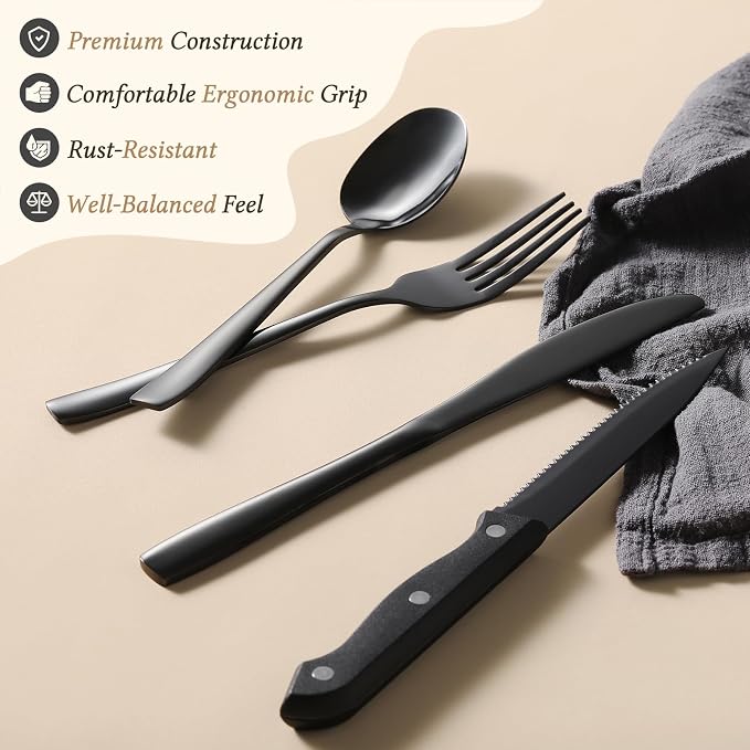 Hiware 48-Piece Black Silverware Set for 8, 18/10 Stainless Steel Flatware Cutlery Set with Forks, Knives, Spoons, Steak Knives, Durable and Elegant Design Utensils Tableware - Dishwasher Safe
