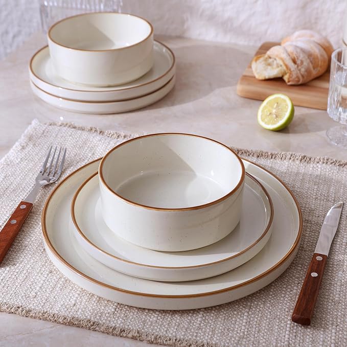 Famiware Nebula 16-Piece Plates and Bowls, Vanilla White with Brown Rim | Stoneware Dinnerware Set with Pasta Bowls, Service for 4 - Chip & Scratch Resistant, Microwave & Dishwasher Safe
