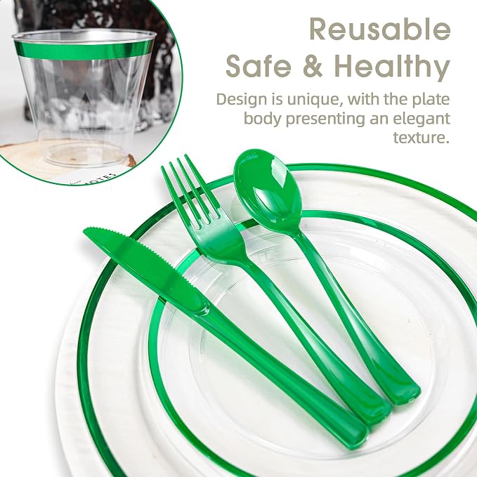 600PCS Clear Green Plastic Plates, Disposable Dinnerware Set for Party | 100 Guest, 100 Dinner & Dessert Plates, Forks, Spoons, Knives, Cups, , for Wedding, Bridal Shower, Christmas