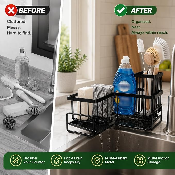 L-Shaped Kitchen Sink Caddy, Large Capacity Sink Organizer for Countertop Corner, Multi-Purpose Kitchen Caddy with Sponge & Dish Brush Holder, Sponge Holder for Kitchen Sink to Keep Area Dry & Neat