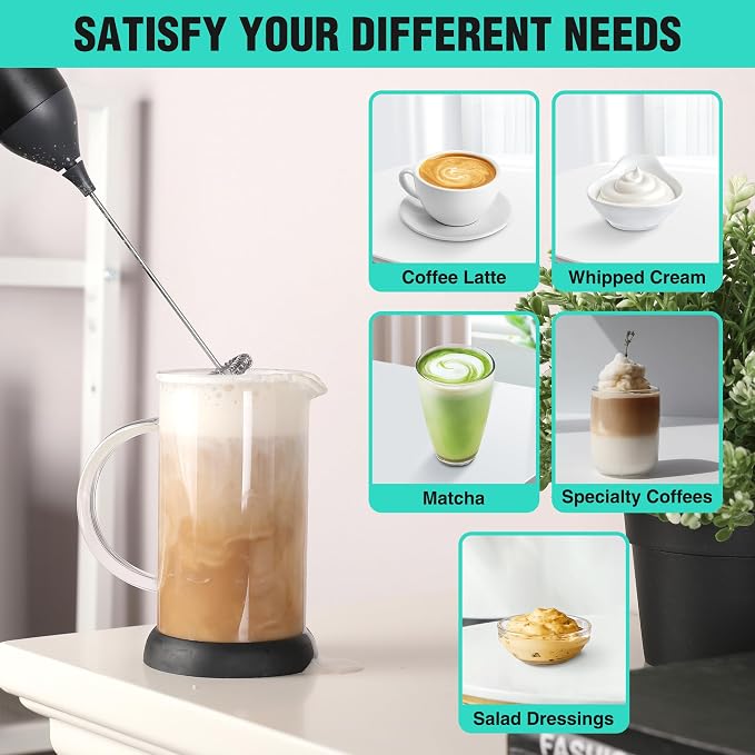HAUSHOF Handheld Rechargeable Milk Frother Wand, Electric Coffee Mixer | Portable Coffee Frother, Detachable Stainless Steel Whisk, Drink Mixer for Matcha, Latte, Cappuccino, No Stand, Black