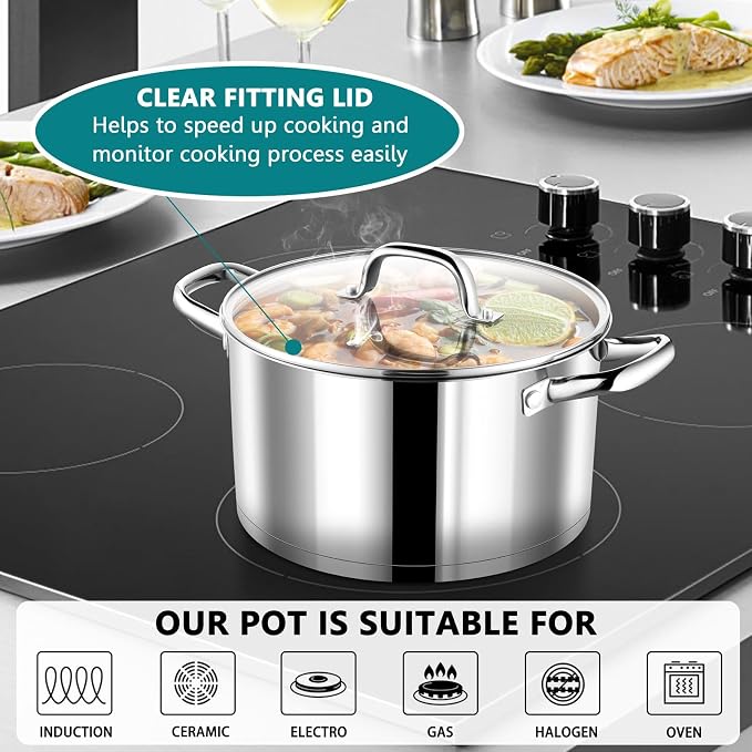 P&P CHEF 6 Quarts Stock Pot with Lid, Stainless Steel Stockpot for Cooking | Cooking Pot for Soup, Pasta, Tri-Ply Bottom for Induction, Gas, Ceramic, Glass Lid & Double Handle, Dishwasher Safe