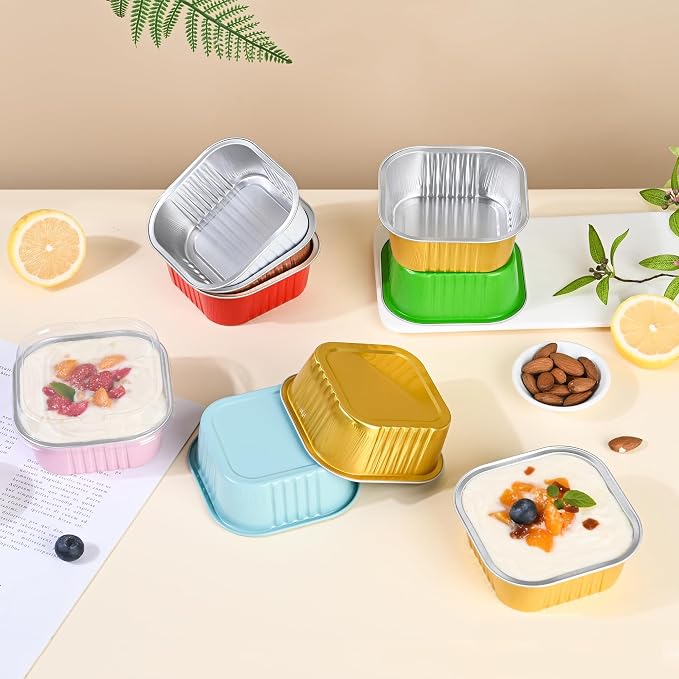 40 Pack Mini Cake Pans with Lids, 5oz Square Aluminum Foil Brownie Baking Cups, Muffin Tin Ramekins, Disposable Dessert Cupcake Cups for Wedding Birthday Party, Champagne