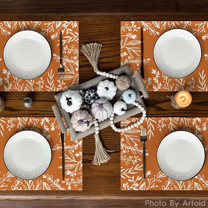 Artoid Mode Eucalyptus Leaves Fall Placemats Set of 4, 12x18 Inch Seasonal Autumn Thanksgiving Table Mats for Table Runner Kitchen Dining Decoration | Heat-Resistant Table Mats, Washable Seasonal Autumn Kitchen Dining Decor