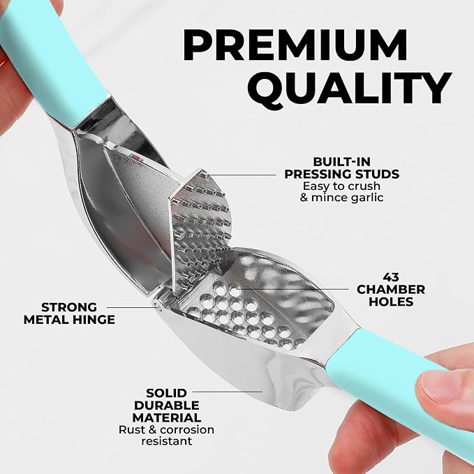 Zulay Kitchen Metal Comfort Grip Garlic Press | Garlic Mincer Tool - Garlic Crusher - Rust Proof Press, Ergonomic Handle, Easy Clean with Peeler and Brush - Light Blue