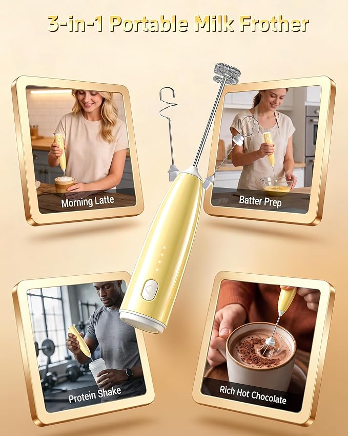 Milk Frother Handheld,Portable Electric Drink Mixer&Wand,Egg Whisk (Yellow) | USB C Rechargeable | 3 Detachable Whisks | 3 Adjustable Speeds | Quiet Operation | For Coffee, Latte, Matcha,protein powder