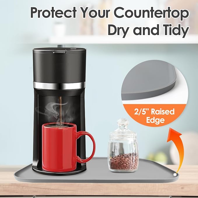 Silicone Coffee Maker Mat with Lip for Countertops, 17.4'' x 10.6'', Grey | Multi leak-proof coffee tray for countertop, non-slip silicone mat fits most coffee makers & espresso machines, wipe-clean