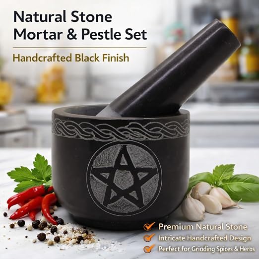 Mortar and Pestle Set, Black | Solid Stone Grinder, For Herbs Spice Guacamole, Garlic Ginger Root, Unique Design