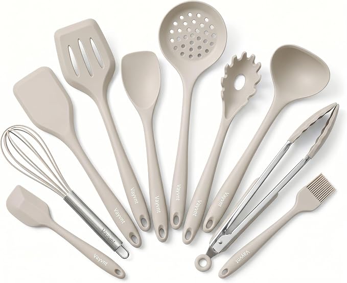 Vayvnt Silicone Kitchen Utensils Set, 10PCS Heat Resistant Utensils, Khaki | Dishwasher Safe, Non-toxic, Food Grade Silicone Cooking Utensils Set for Non Stick Cookware, Kitchen Essentials, Spatula Tong