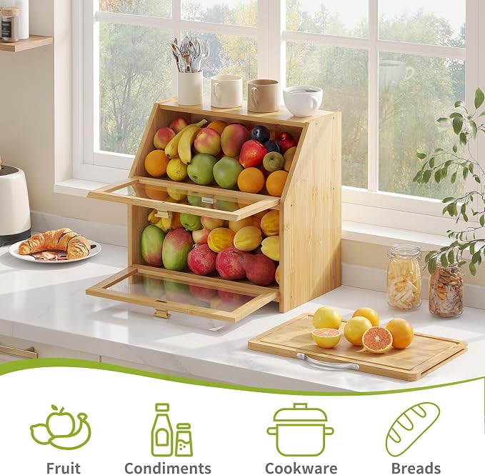 BMOSU Bread Box with Cutting Board for Kitchen Countertop Corner Bread box Double Layer Bamboo Extra Large Capacity Bin Kitchen Food Storage Container (Natural)