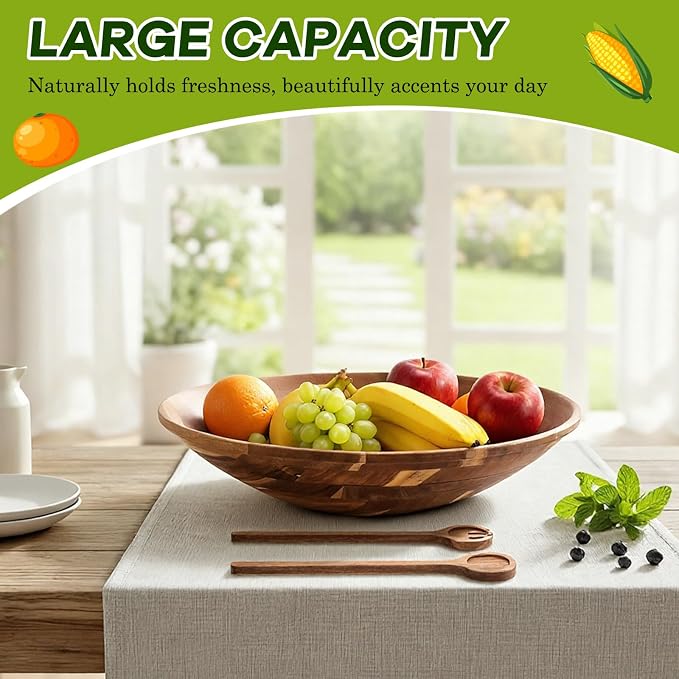 Geiserailie Extra Large 18 Inch Acacia Wood Salad Bowl Set Wooden Serving with Serving Utensils Oversized All Purpose Bowl for Fruits Salad Kitchen for Housewarming Wedding Table Display Gift