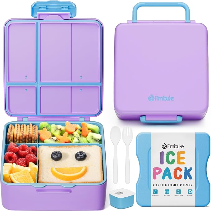 Fimibuke Chill Bento Box for Kids, Toddler Lunch Box with Built-In Ice Pack | Keep Cold Leak Proof BPA Free 4 Compartment Lunch Container with Utensil for Girl Boy School Adult, Microwave Dishwasher Safe