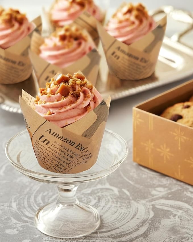 Bake Choice 200pc Standard Tulip Cupcake Liners for Baking, Newspaper Print | Tulip Muffin Liners, Non Stick, Grease Resistant Cupcake Wrappers for Party, Christmas