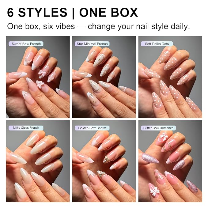 Press on Nails, 6 Packs (144 Pcs) Short Almond Sets, Cute 3D Bow French | 6-Style 12 Sizes, Glossy, Salon Quality, Reusable Full Cover, White Polka Dot Star Chrome Fake Nails