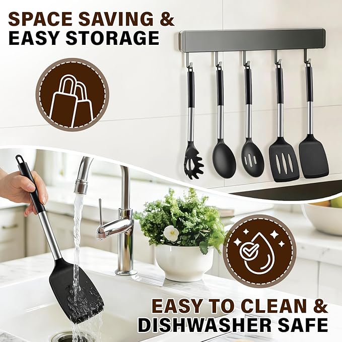 5Pcs Silicone Cooking Utensils Set, Heat Resistant Kitchen Tools Include Solid&Slotted Spatula, Cooking Spoon and Pasta Server, Silicone Kitchen Utensils set for Nonstick Cookware Flipping, Black